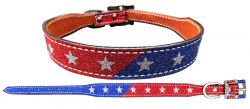 Showman Couture Red and Blue Glitter overlay leather dog collar with silver glitter stars